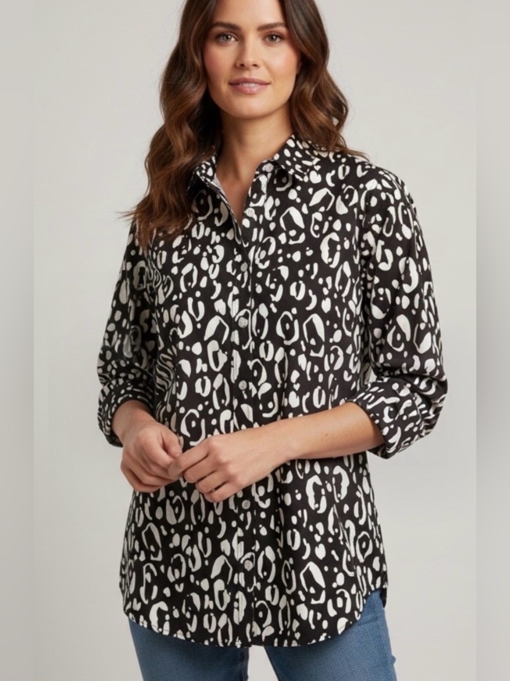 Chico's Max Layer Animal Print 3/4 Sleeve Button-Down Shirt Sz L 14 Chicos 2.5